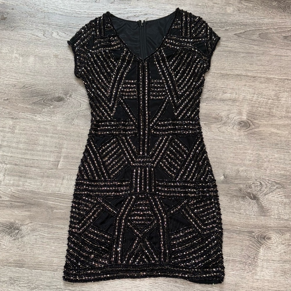 PARKER BLACK ALLOVER BEADED MINI DRESS XS 0